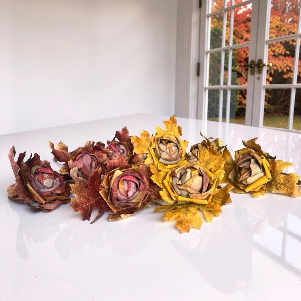Set of 8 Fall-Themed Flower Napkin Ring Rings Orange Yellow Red